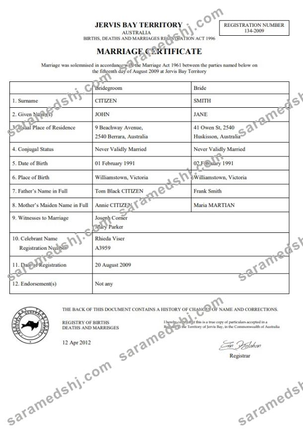 Australia Jervis Bay Territory marriage certificate template in Word